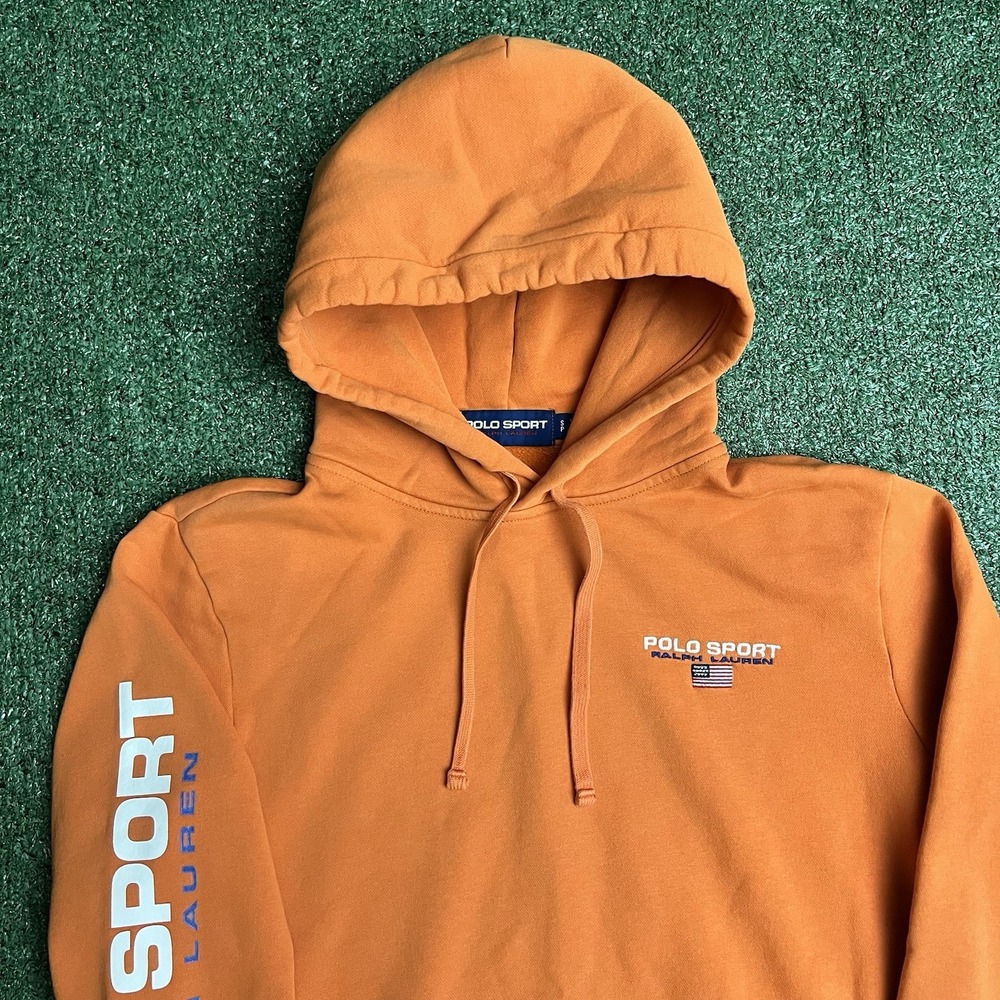Polo Sport Ralph Lauren Hoodie Mens S May Orange Sleeve Spellout USA Flag